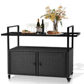 HAOYYE Outdoor Bar Cart Table Black Wicker Rolling Serving Island with Glass Top Storage Cabinet and Handles Portable Buffet Cart with Wheels for Patio Garden Porch Poolside Entertaining